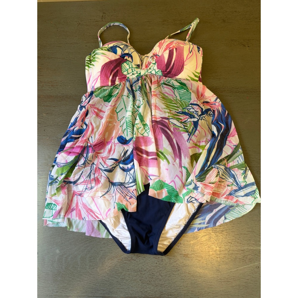 Profile by Gottex Tropical Floral Swimdress One Piece Swimsuit Navy Pink Size 12